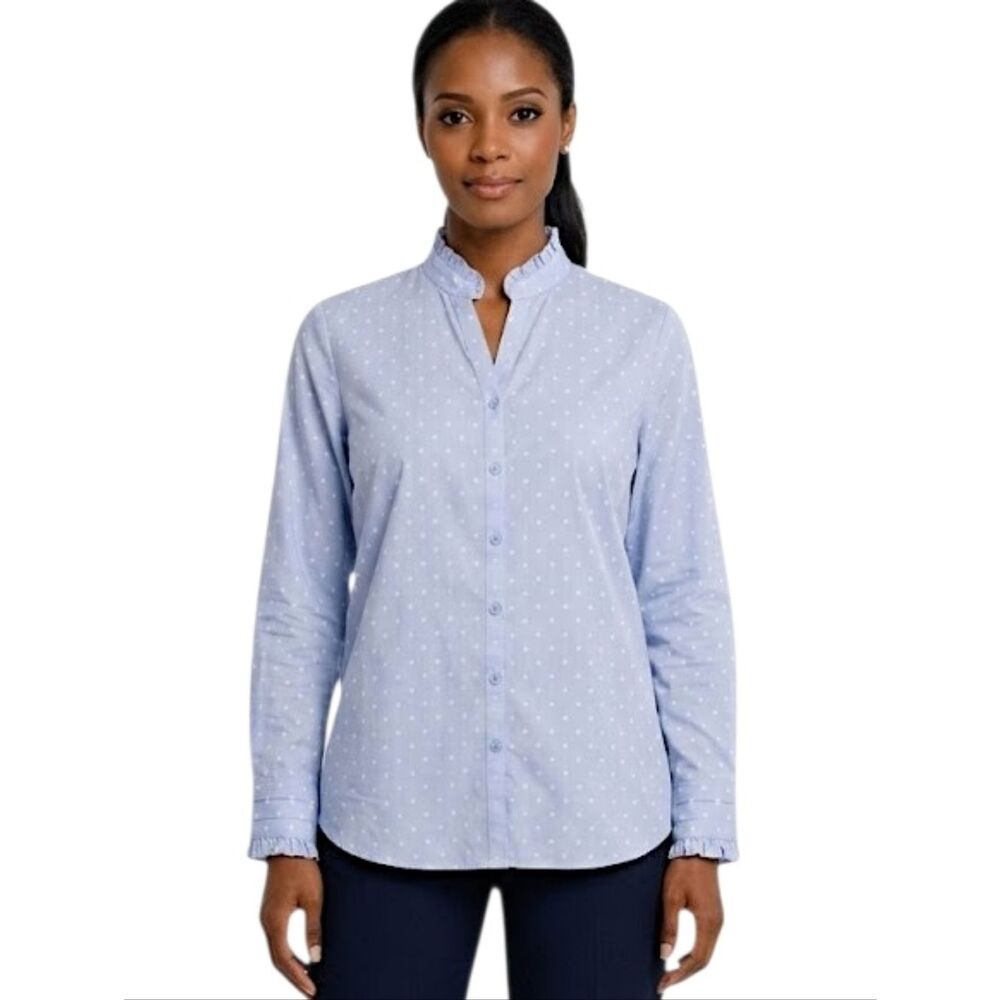 Chico's Blue Dot Ruffle Detail No Iron Long Sleeve Button Down Shirt Size 8/10